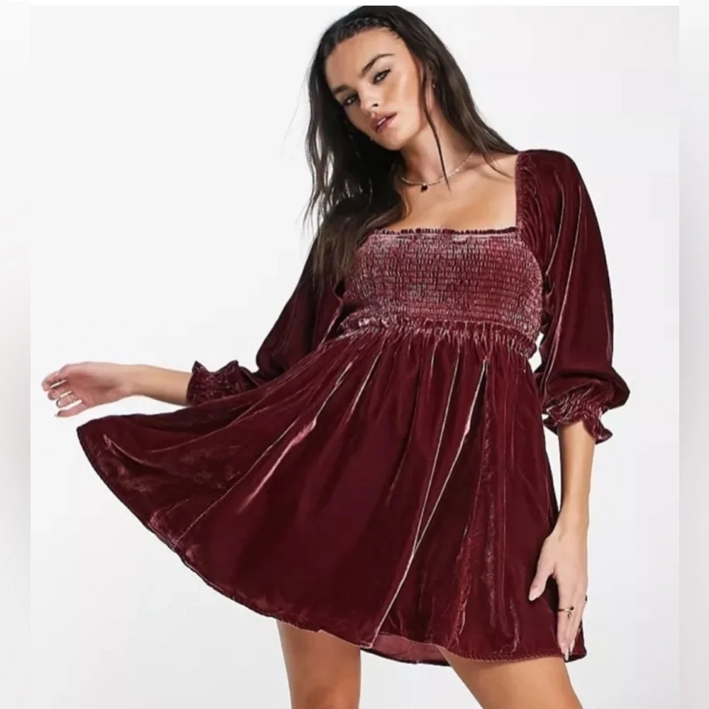 Free People Women’s Daphne Boho Velvet Mini Dress in Roan Rouge Sz Small Fall